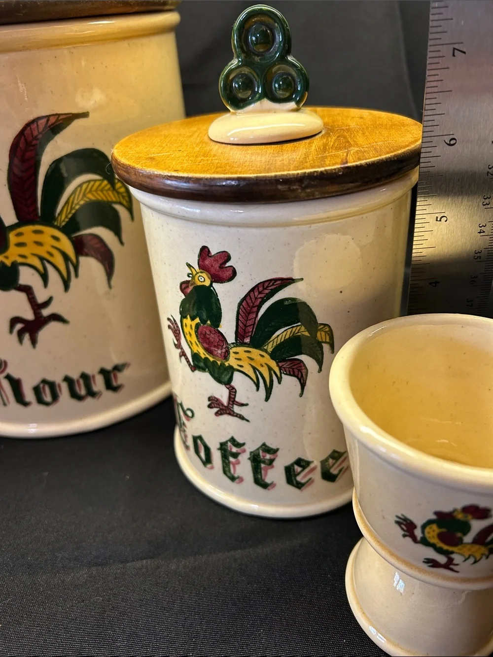 Vintage Metlox Poppytrail Rooster Canister Set and egg cup